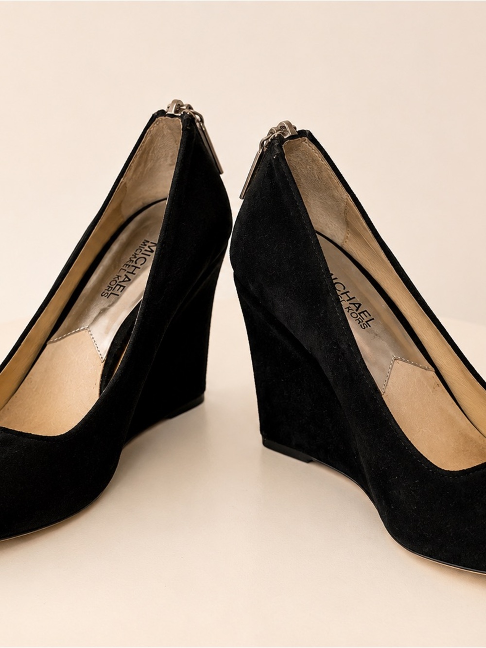 Michael Kors Black Suede Wedge Pumps with Back Zip Accent